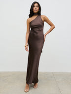 Sheree One Shoulder Sash Maxi Dress - Chocolate Brown