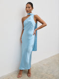 Sheree One Shoulder Scarf Midaxi Dress - Sky Blue