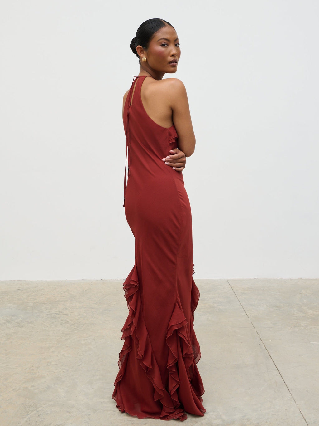 Sofia Halter Neck Ruffle Maxi Dress - Rust