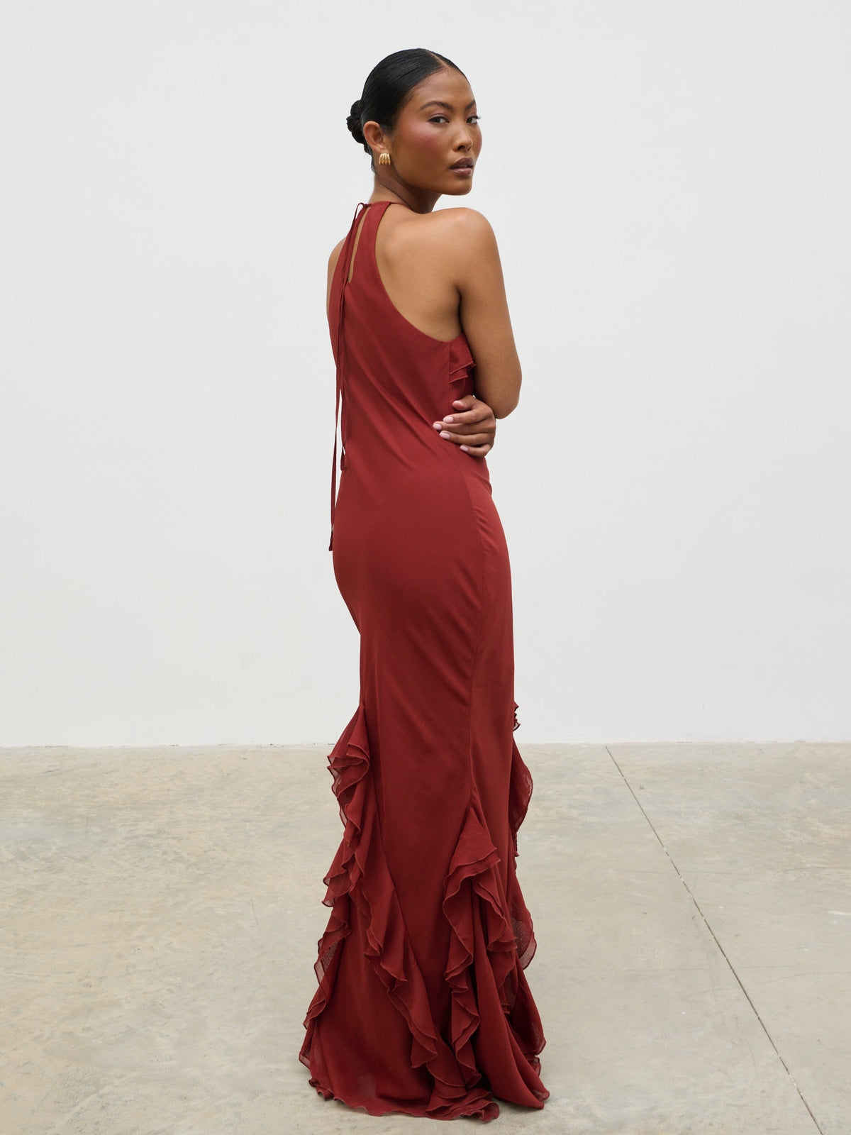 Sofia Halter Neck Ruffle Maxi Dress - Rust