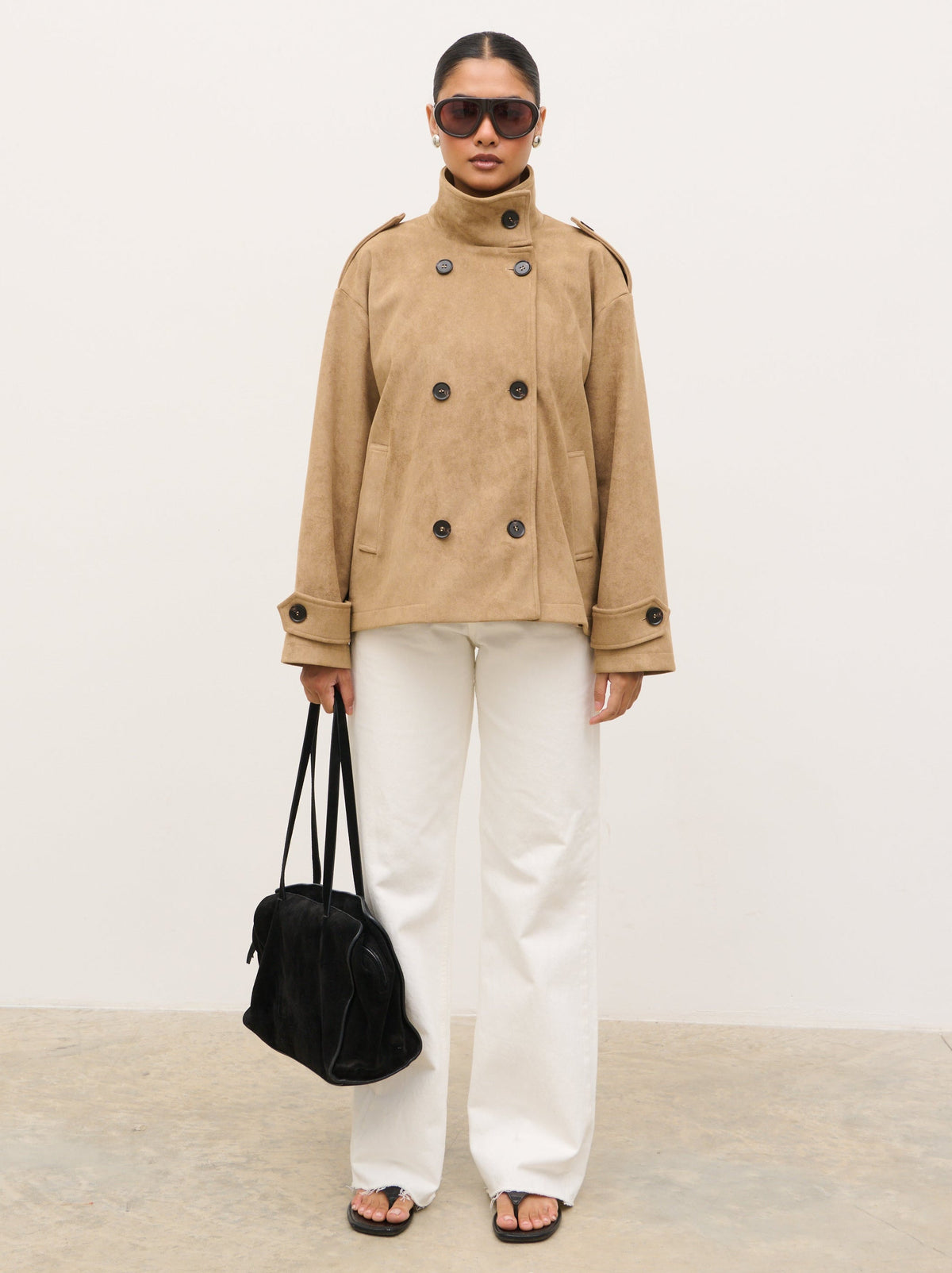 Sophie Faux Suede Funnel Neck Jacket - Taupe