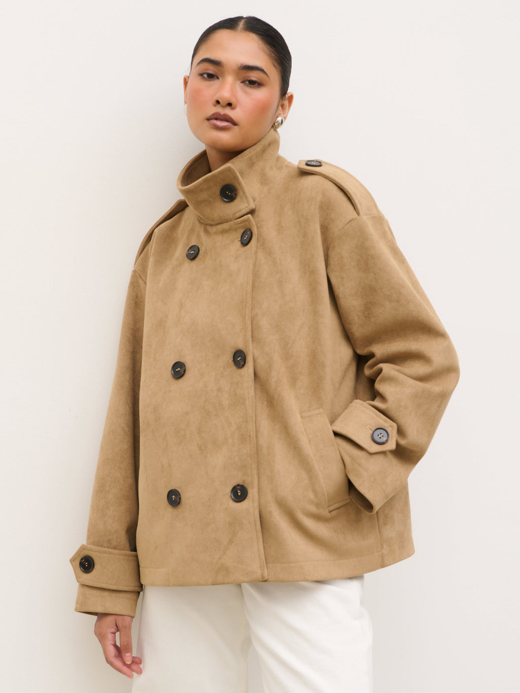 Sophie Faux Suede Funnel Neck Jacket - Taupe
