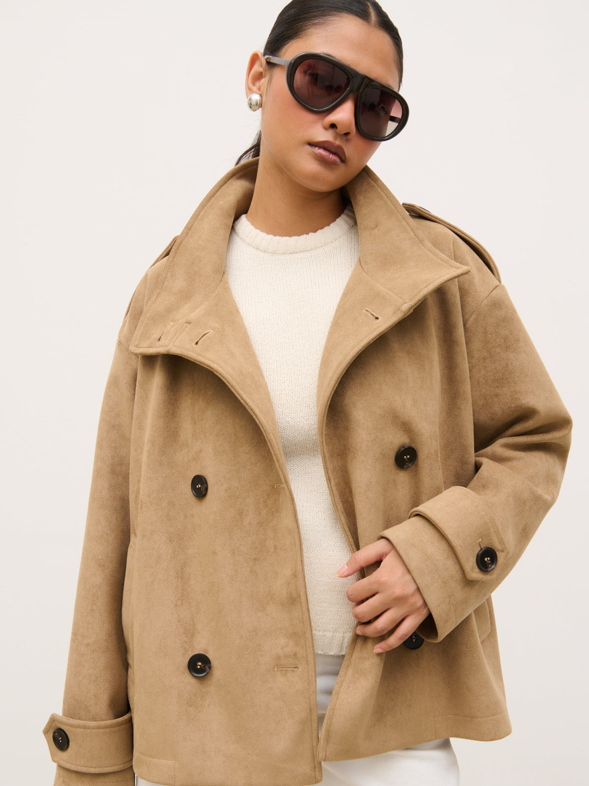 Sophie Faux Suede Funnel Neck Jacket - Taupe