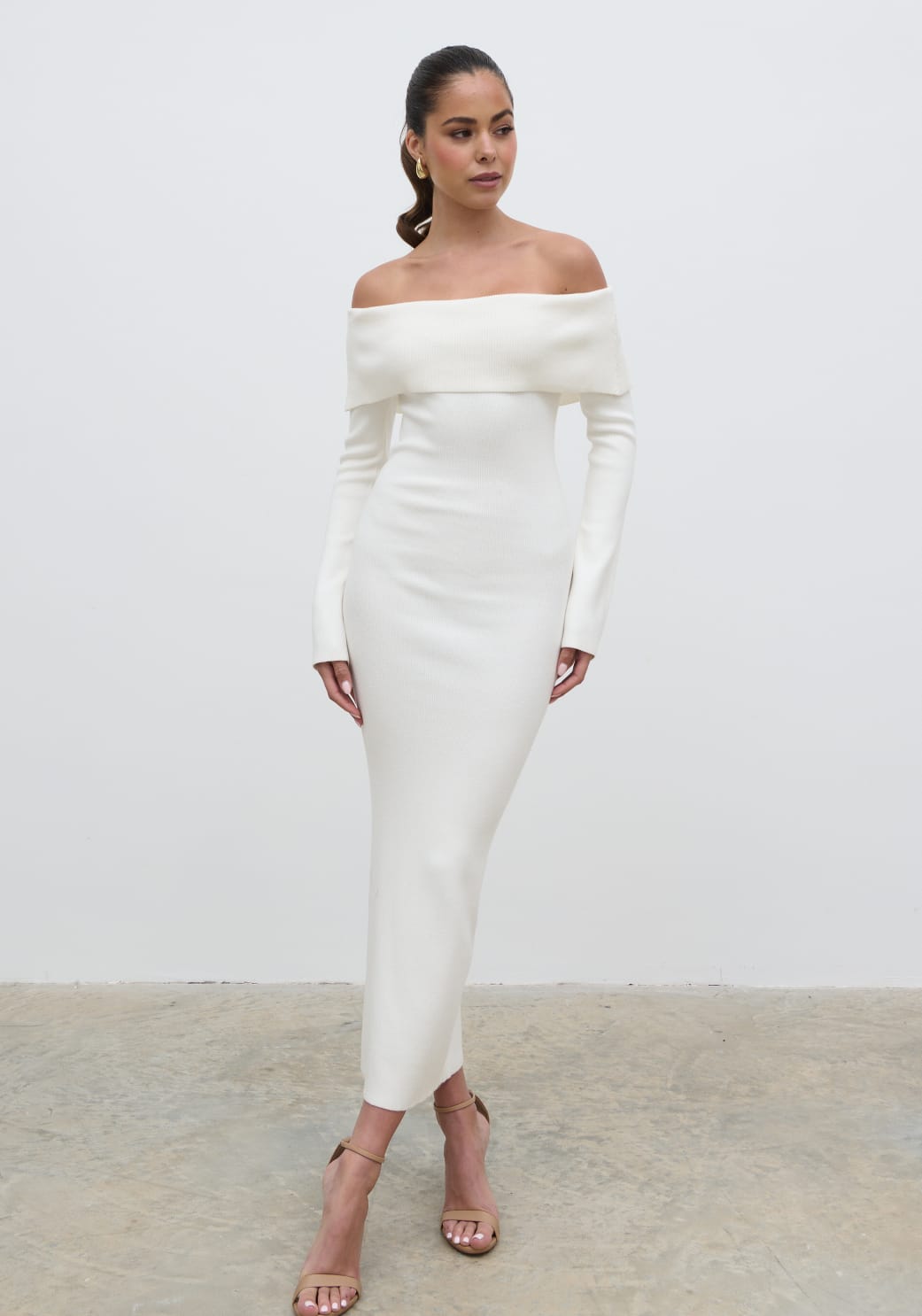 Soreya Bardot Knit Maxi Dress - Cream