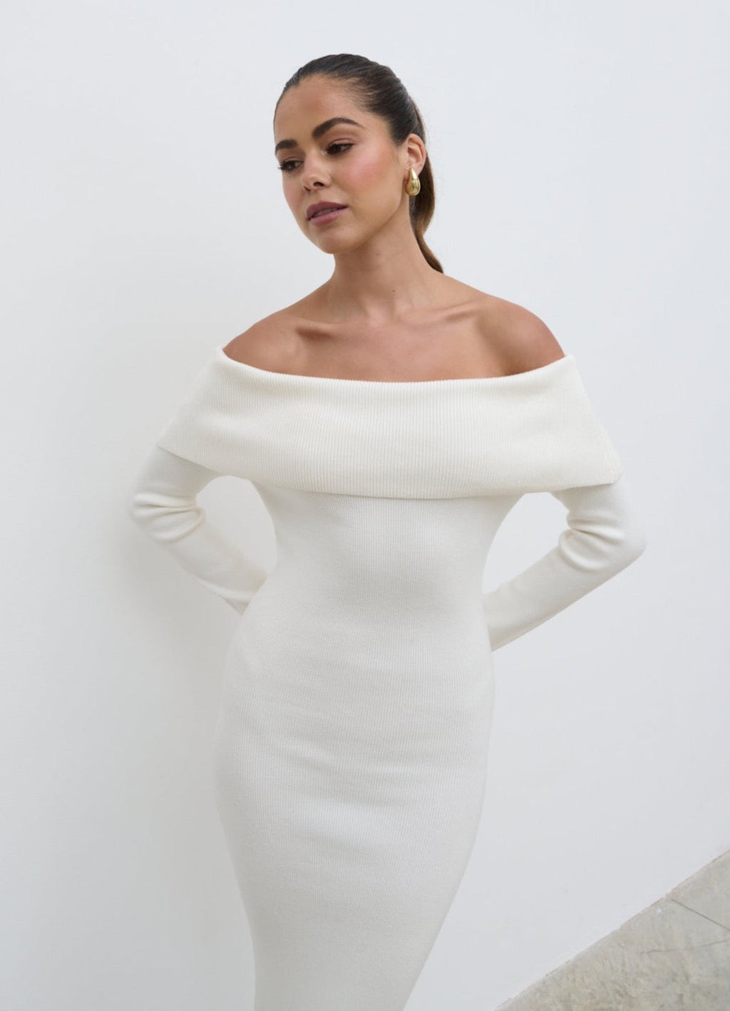 Soreya Bardot Knit Maxi Dress - Cream