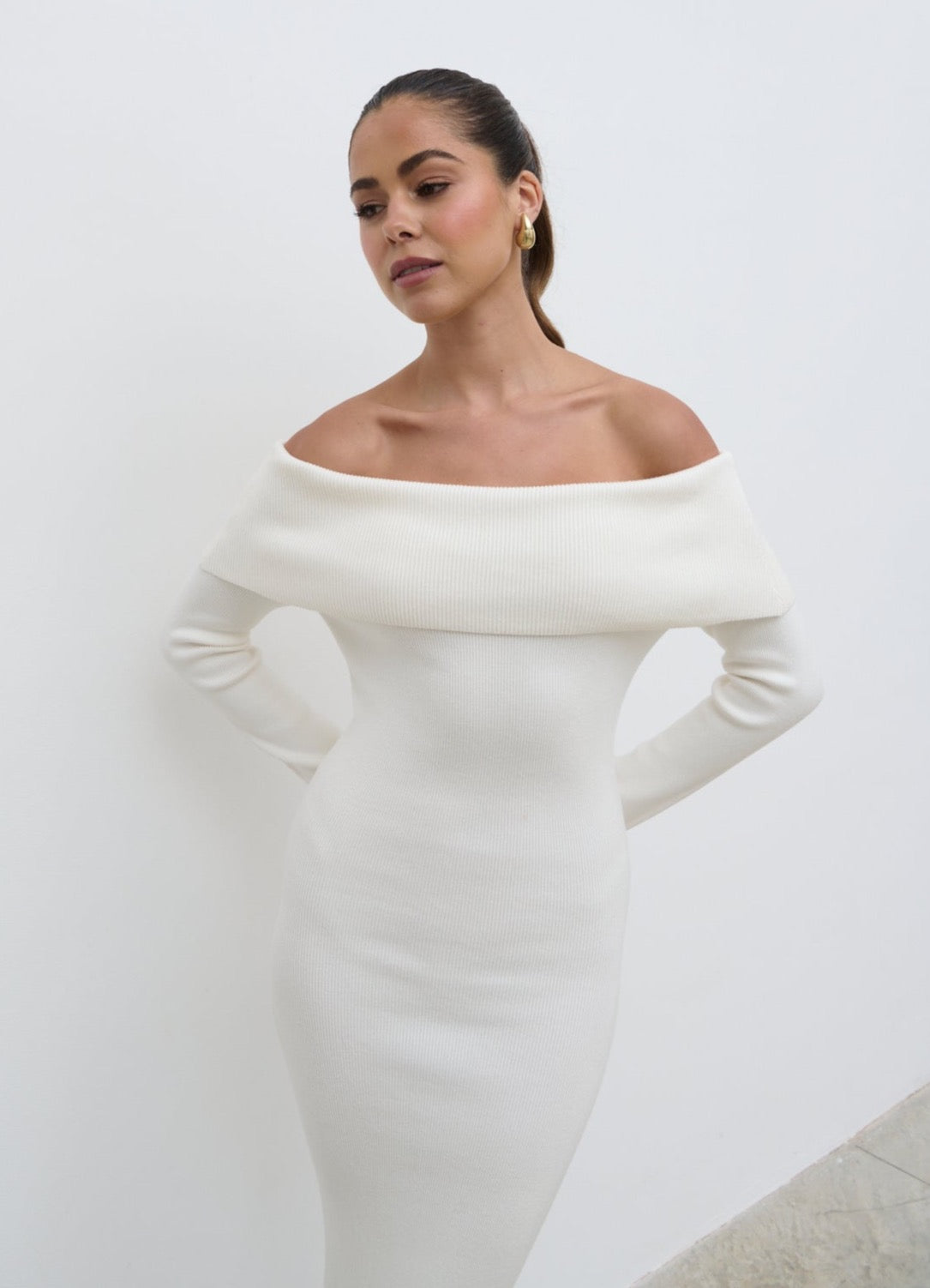 Soreya Bardot Knit Maxi Dress - Cream