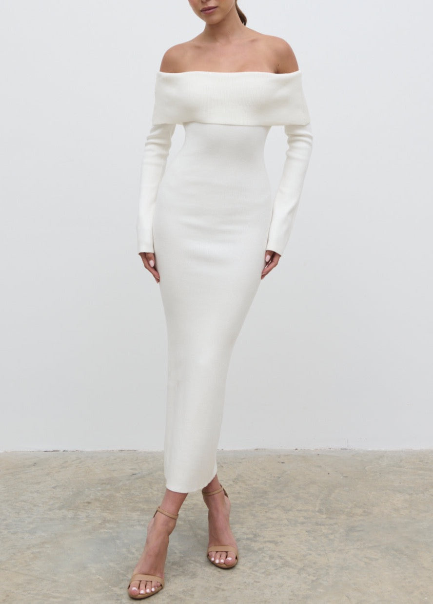 Soreya Bardot Knit Maxi Dress - Cream