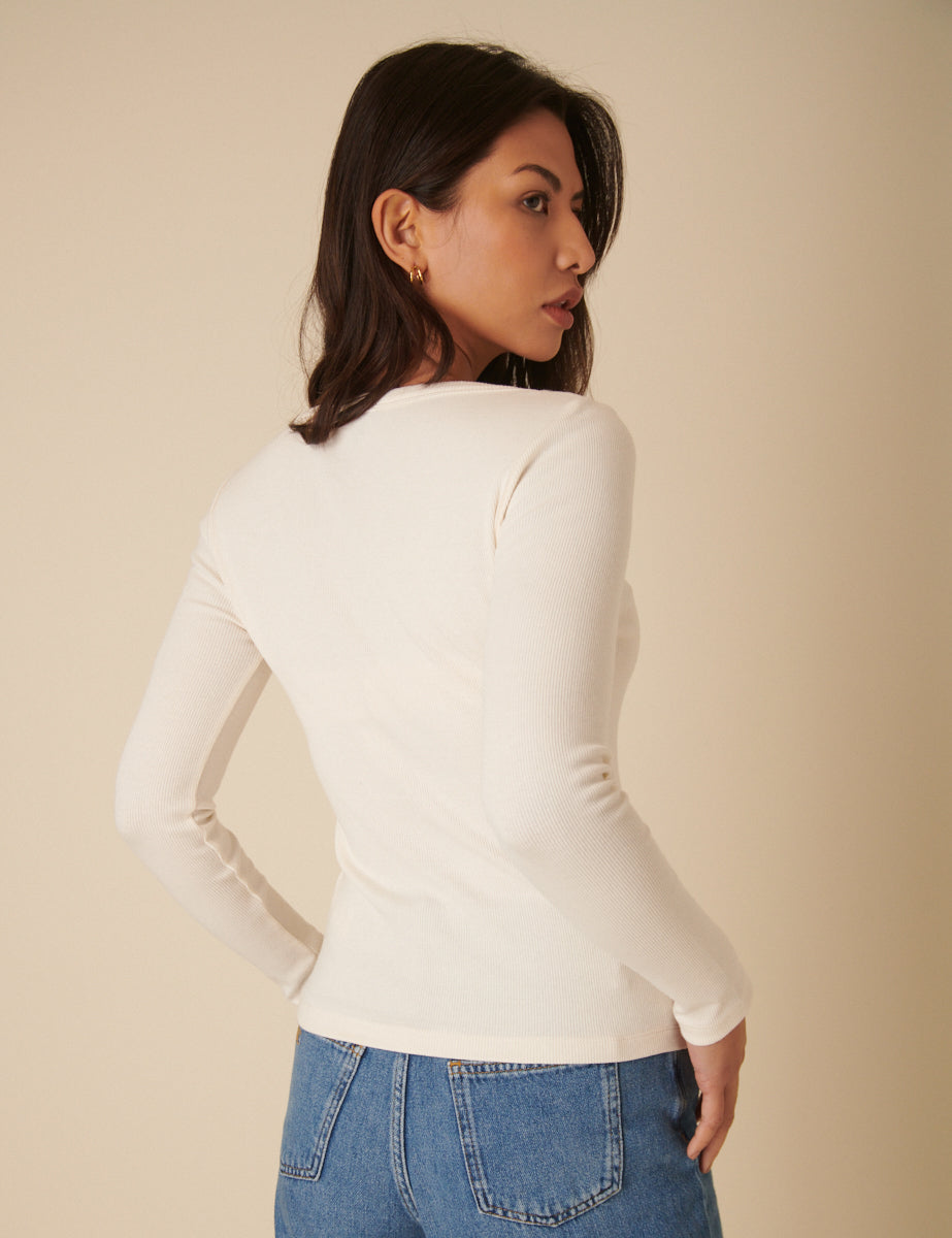 Cream Scoop Neck Button Through Top