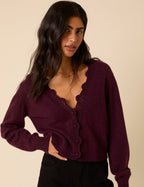Burgundy Crochet Trim Wool Blend Elodie Cardigan