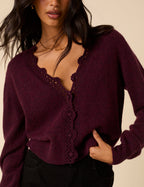 Burgundy Crochet Trim Wool Blend Elodie Cardigan