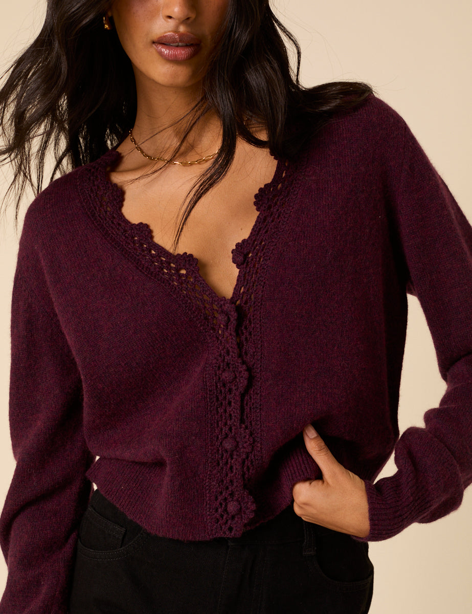 Burgundy Crochet Trim Wool Blend Elodie Cardigan