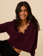 Burgundy Crochet Trim Wool Blend Elodie Cardigan