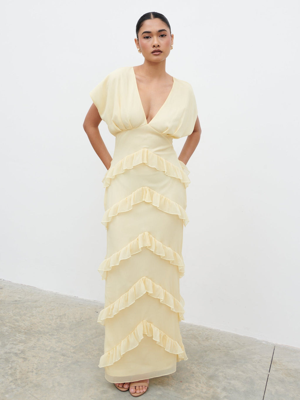 Tamsin Ruffle Chiffon Maxi Dress - Lemon