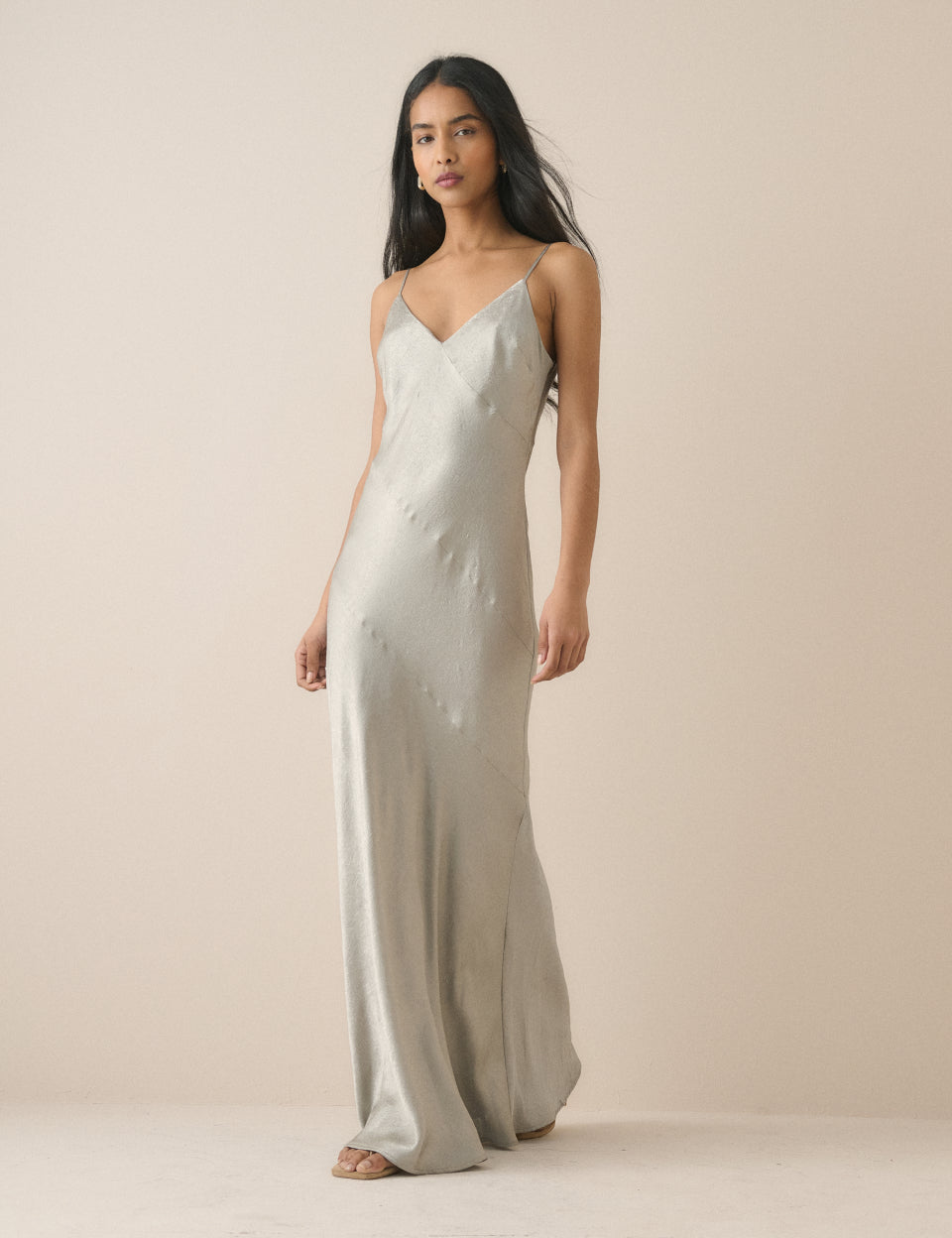 Silver Jacquard Satin Tiffany Midi Slip Dress
