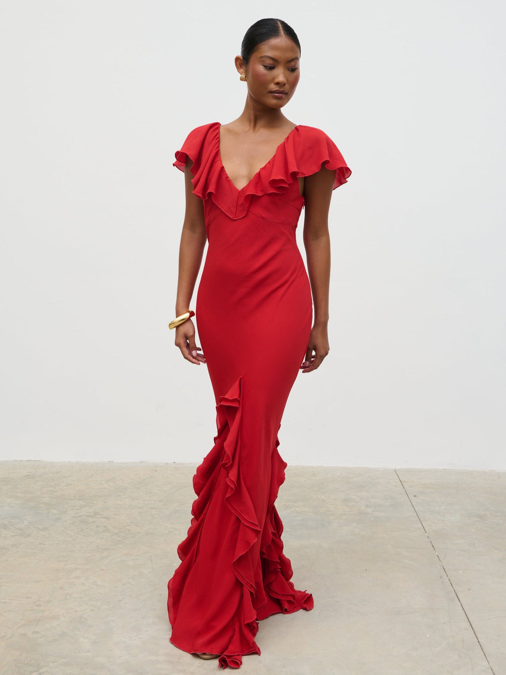 Uma Cap Sleeve Ruffle Maxi Dress - Red