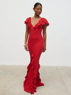 Uma Cap Sleeve Ruffle Maxi Dress - Red