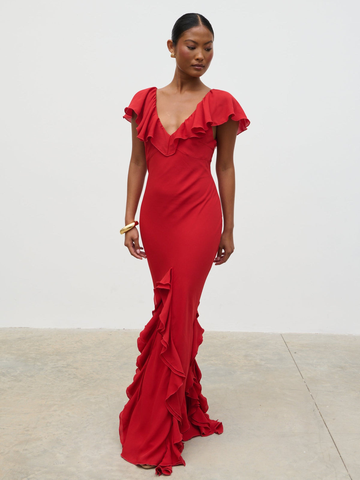 Uma Cap Sleeve Ruffle Maxi Dress - Red