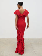 Uma Cap Sleeve Ruffle Maxi Dress - Red