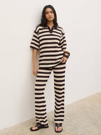 Venezia Stripe Knit Polo Top - Brown and Cream