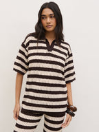 Venezia Stripe Knit Polo Top - Brown and Cream