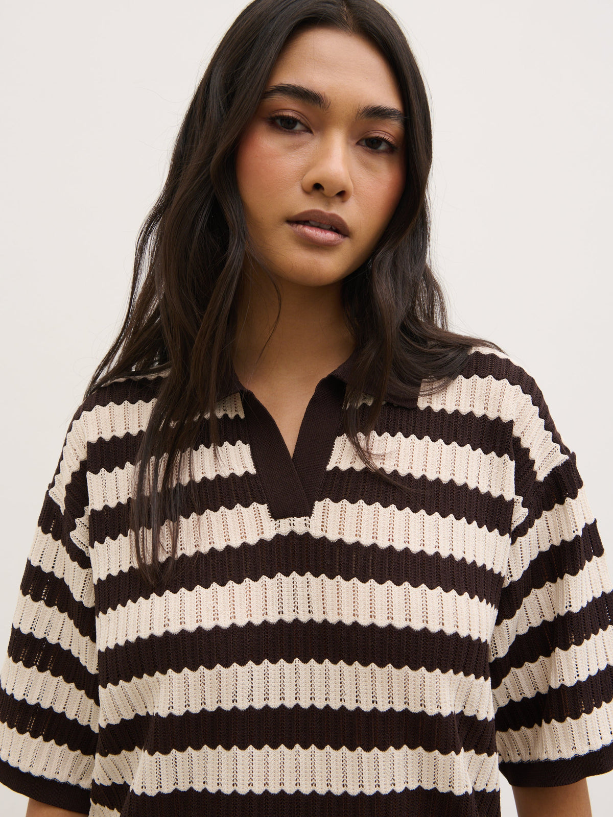 Venezia Stripe Knit Polo Top - Brown and Cream