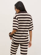 Venezia Stripe Knit Polo Top - Brown and Cream