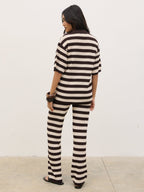 Venezia Stripe Knit Polo Top - Brown and Cream