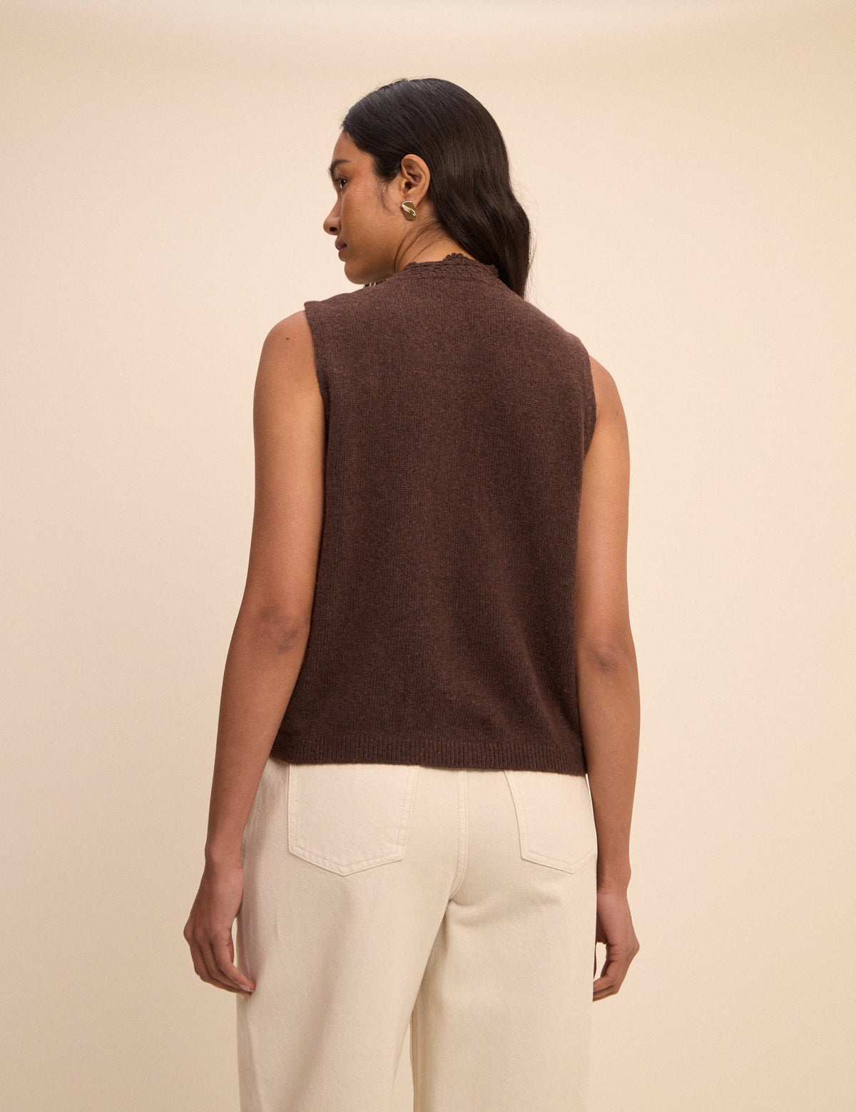 Brown Wool-Blend Crochet Trim Vest