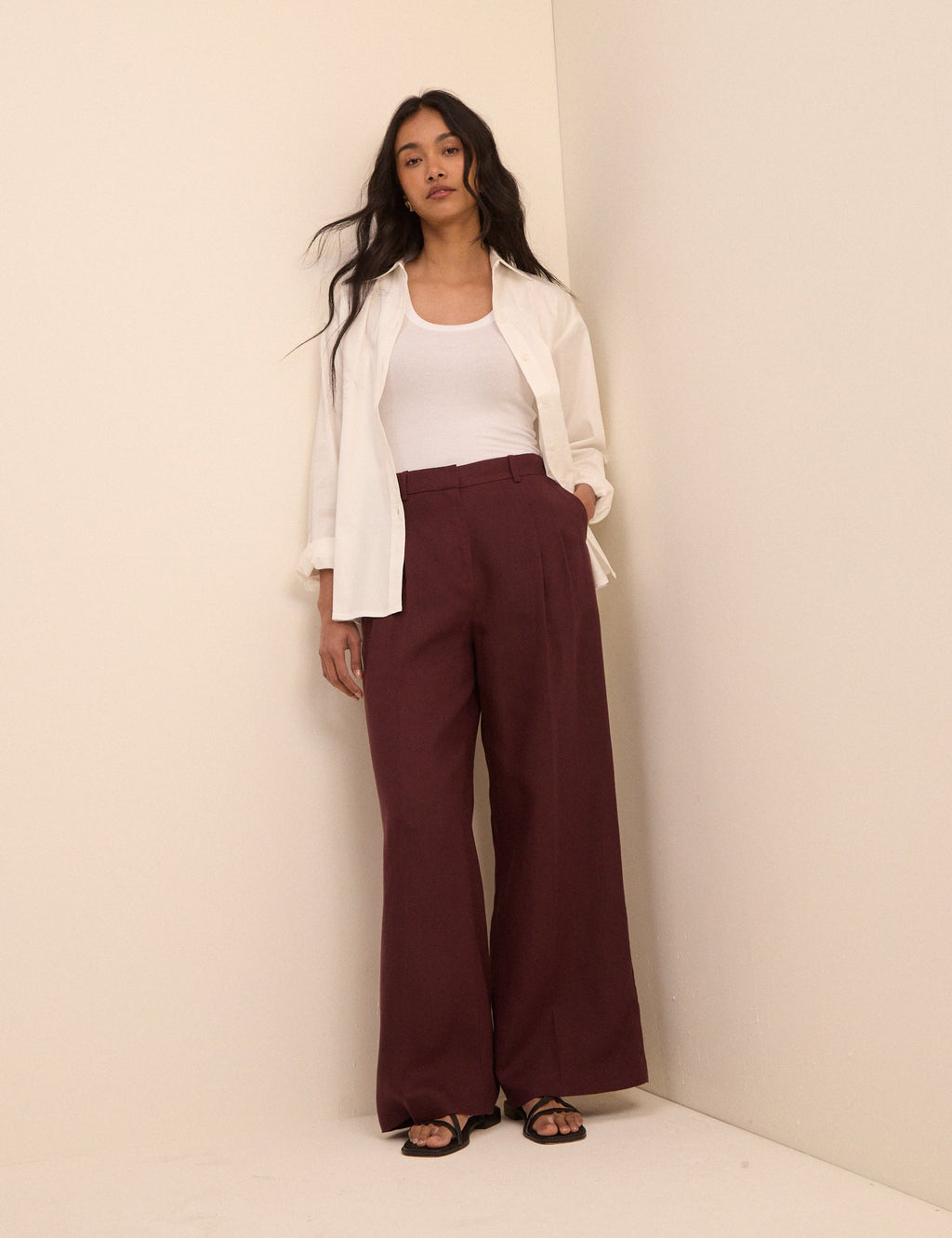 Burgundy Linen-Blend Jax Wide Leg Trousers