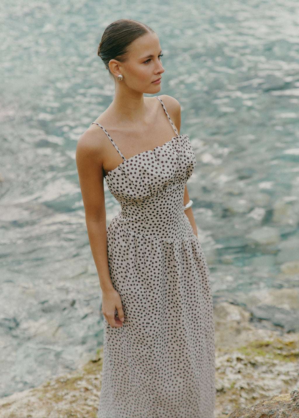 Zaria Corset Detail Maxi Dress - Cream and Brown Polkadot