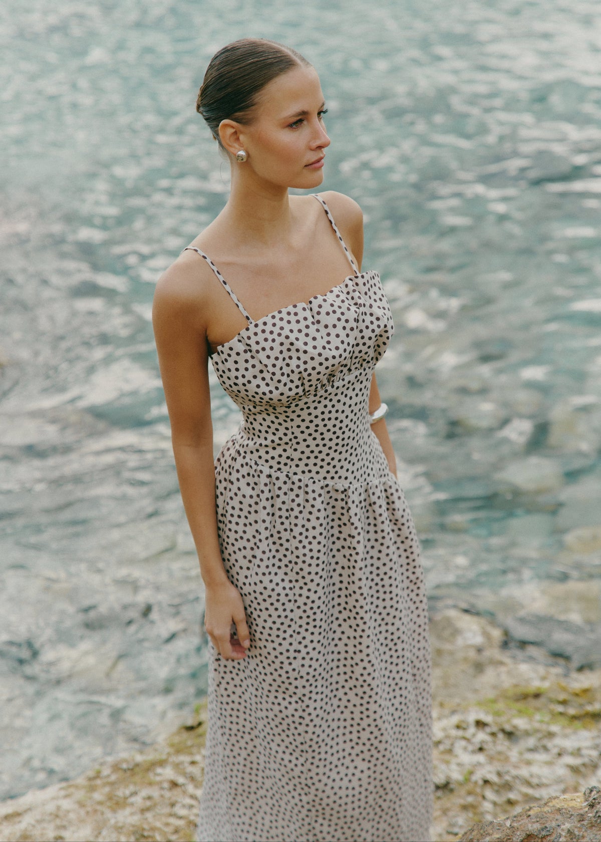 Zaria Corset Detail Maxi Dress - Cream and Brown Polkadot
