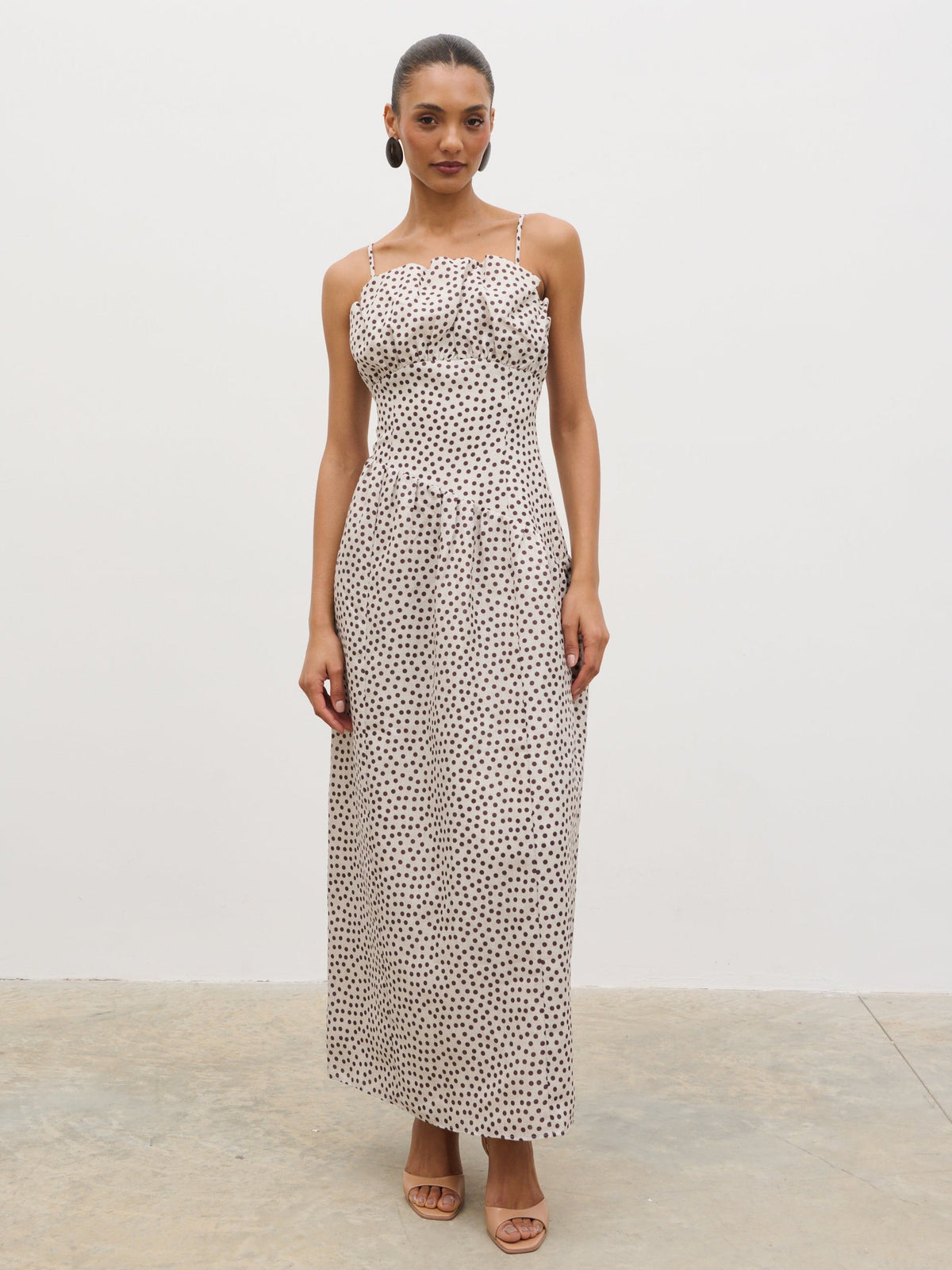 Zaria Corset Detail Maxi Dress - Cream and Brown Polkadot