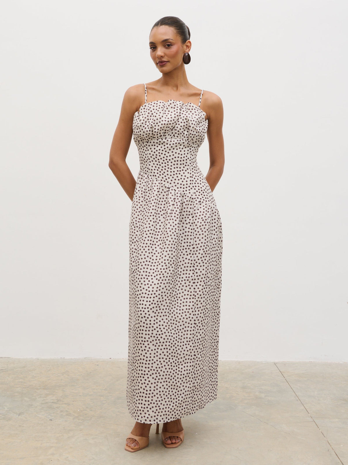 Zaria Corset Detail Maxi Dress - Cream and Brown Polkadot