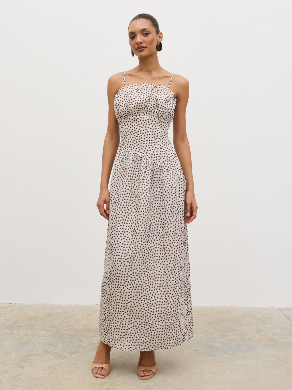 Zaria Corset Detail Maxi Dress - Cream and Brown Polkadot