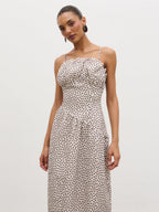 Zaria Corset Detail Maxi Dress - Cream and Brown Polkadot