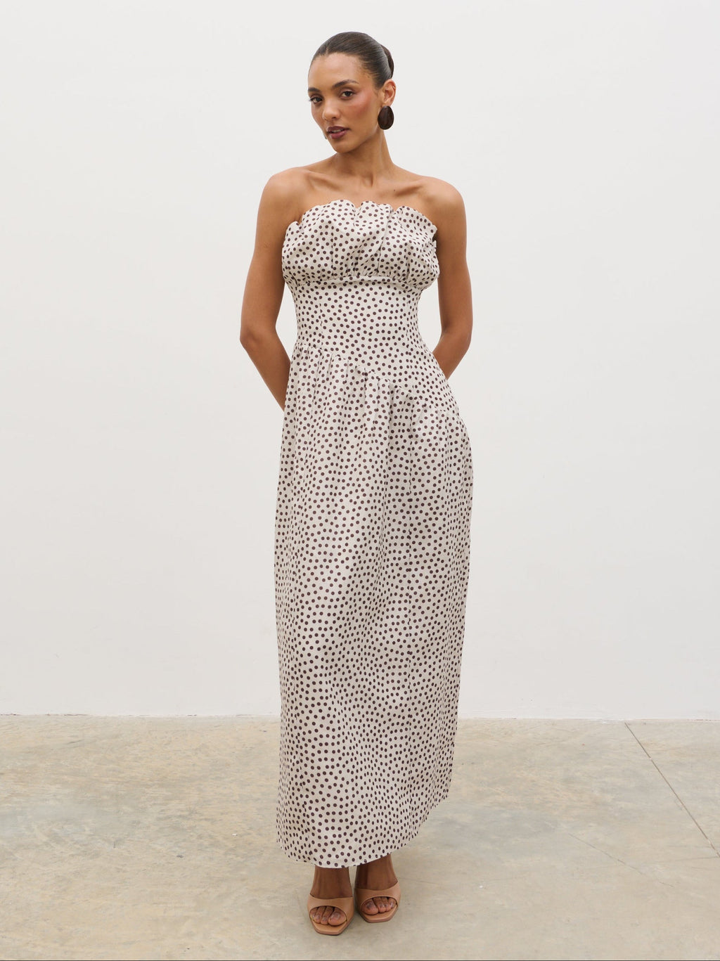Zaria Corset Detail Maxi Dress - Cream and Brown Polkadot