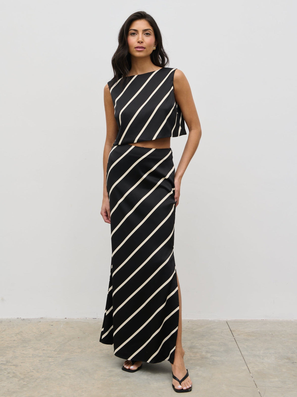 Zuri Maxi Skirt - Black and Cream Asymmetric Stripe
