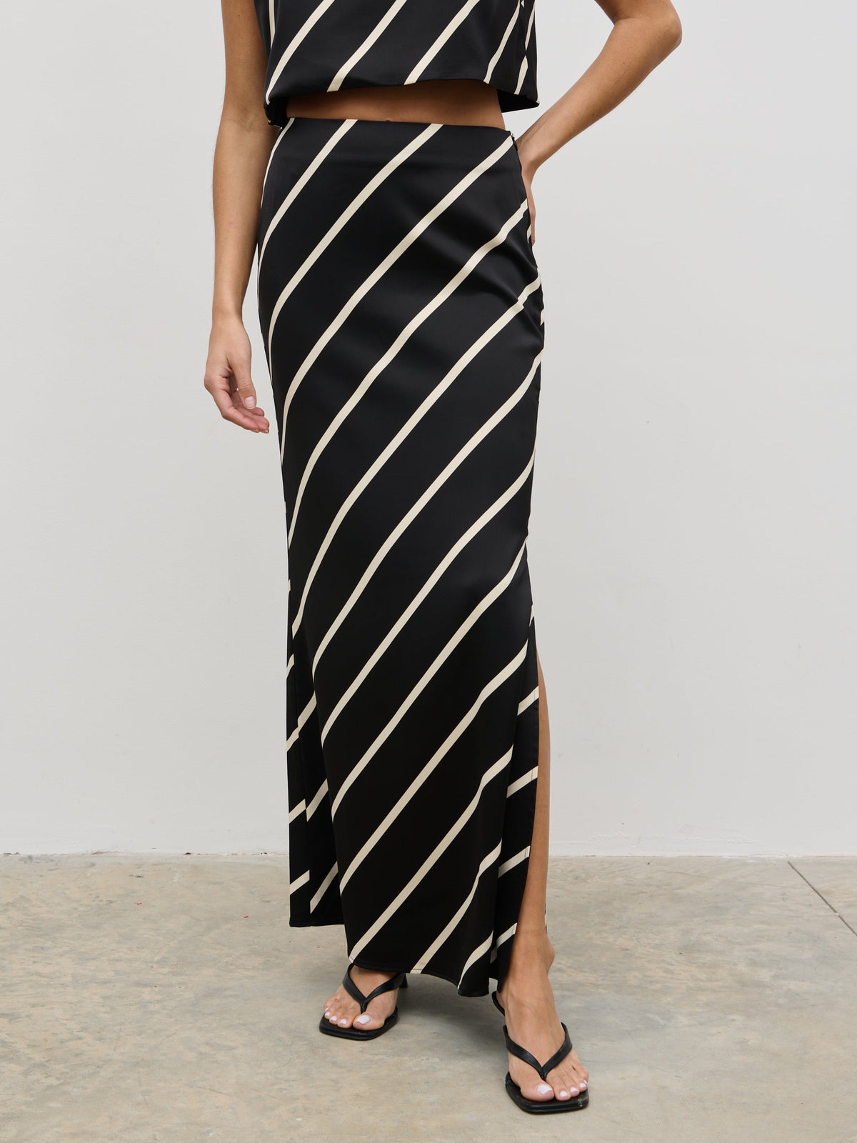 Zuri Maxi Skirt - Black and Cream Asymmetric Stripe