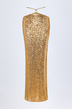 Embellished Hardware-Detail Strappy Maxi Skirt in Gold