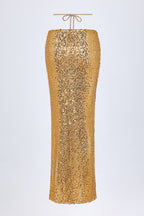 Embellished Hardware-Detail Strappy Maxi Skirt in Gold