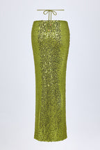 Embellished Hardware-Detail Strappy Maxi Skirt in Olive Green