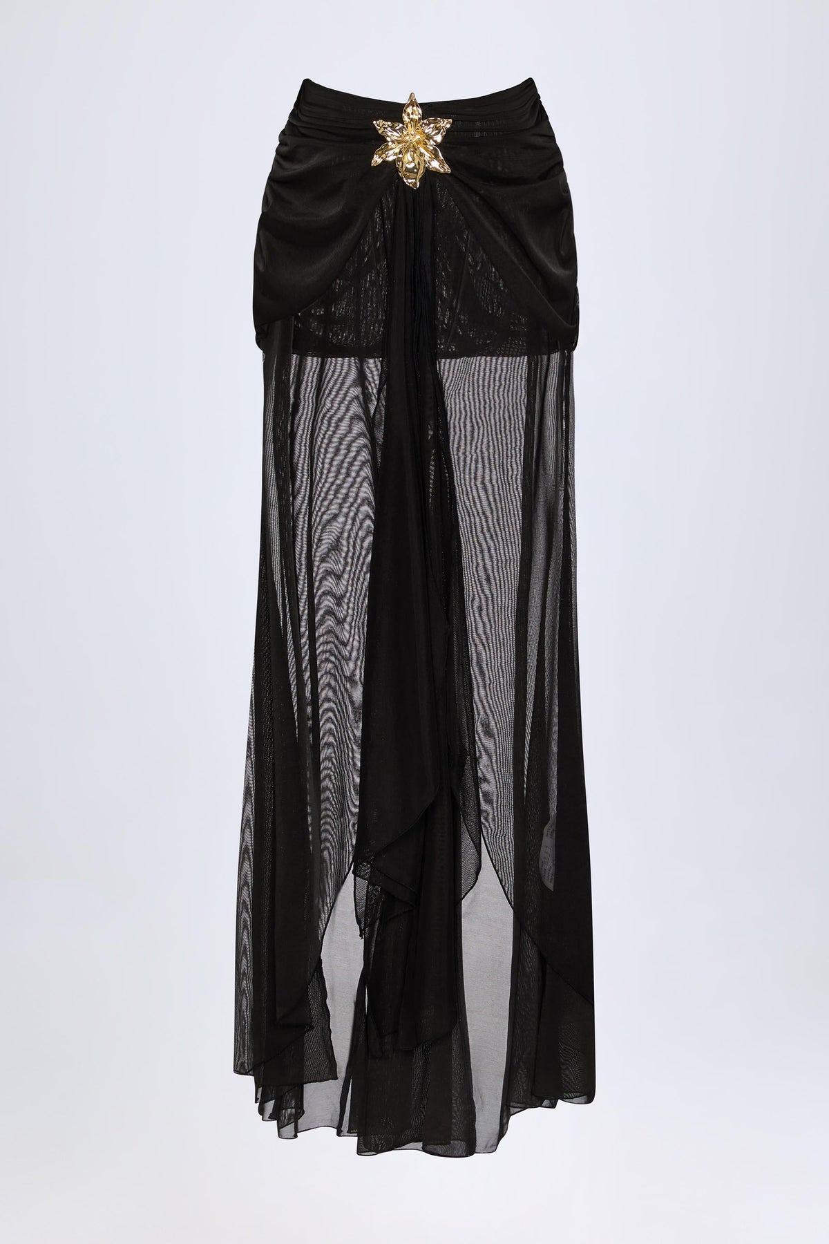 Ruched Hardware-Detail Fishtail Maxi Skirt in Black