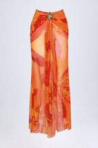 Ruched Hardware-Detail Fishtail Maxi Skirt in Orange Orchid Print