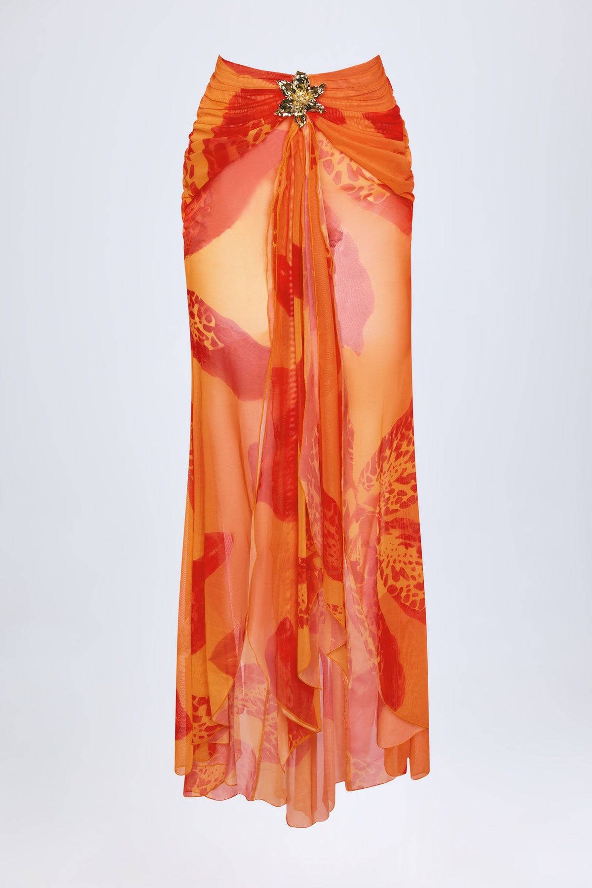 Ruched Hardware-Detail Fishtail Maxi Skirt in Orange Orchid Print