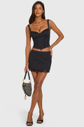 Ponte Lace-Trim Mini Skirt in Black Pinstripe