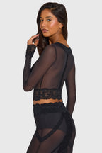 Placed Lace-Trim Cropped Cardigan in Black