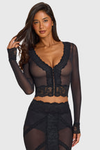 Placed Lace-Trim Cropped Cardigan in Black