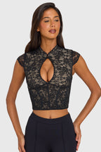 Lace Cut-Out Crop Top in Black