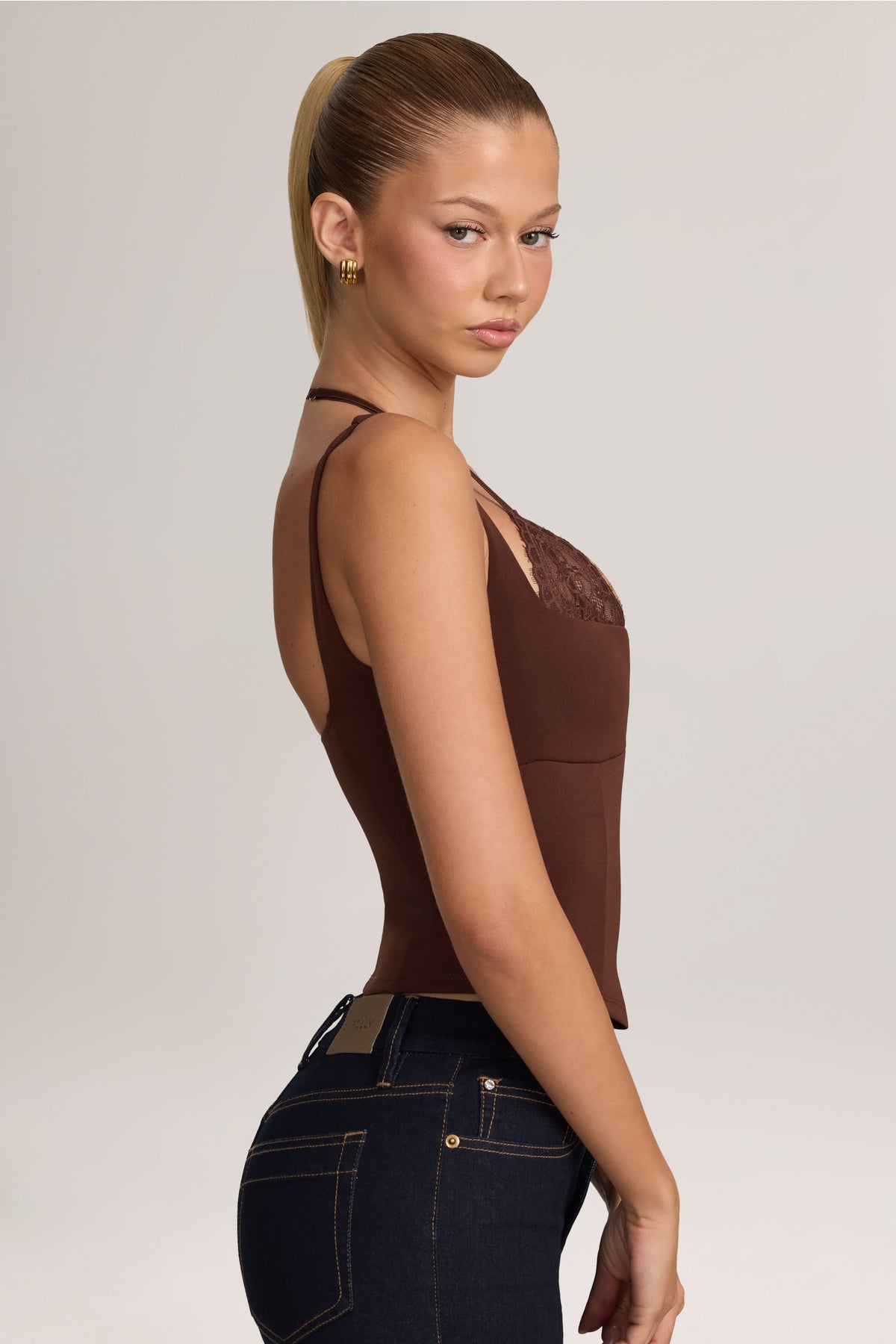 Ponte Peekabo Lace Tank Top in Cocoa Brown