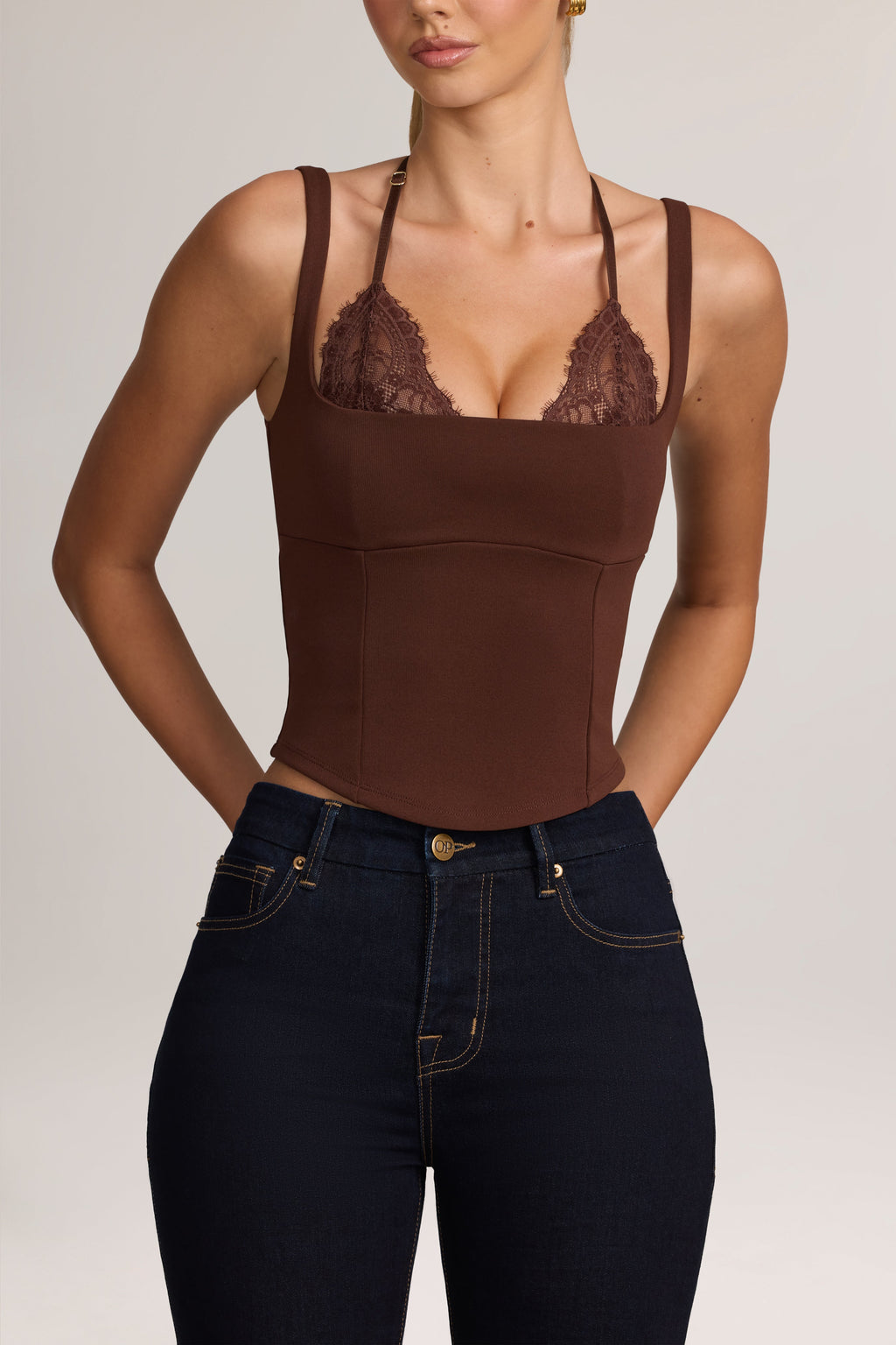 Ponte Peekabo Lace Tank Top in Cocoa Brown